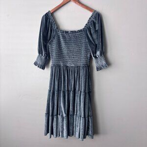 Baltic Born Blue Velvet Smocked Peasant Dress Cottagecore Midi Boho Large